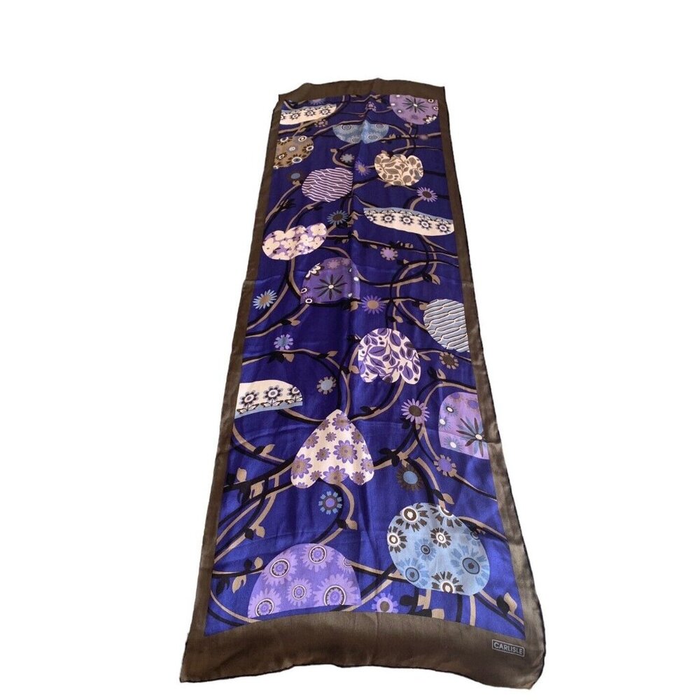 Vintage Carlisle Silk Blue Purple Taupe Floral Rectangle Art Scarf Rolled Edge